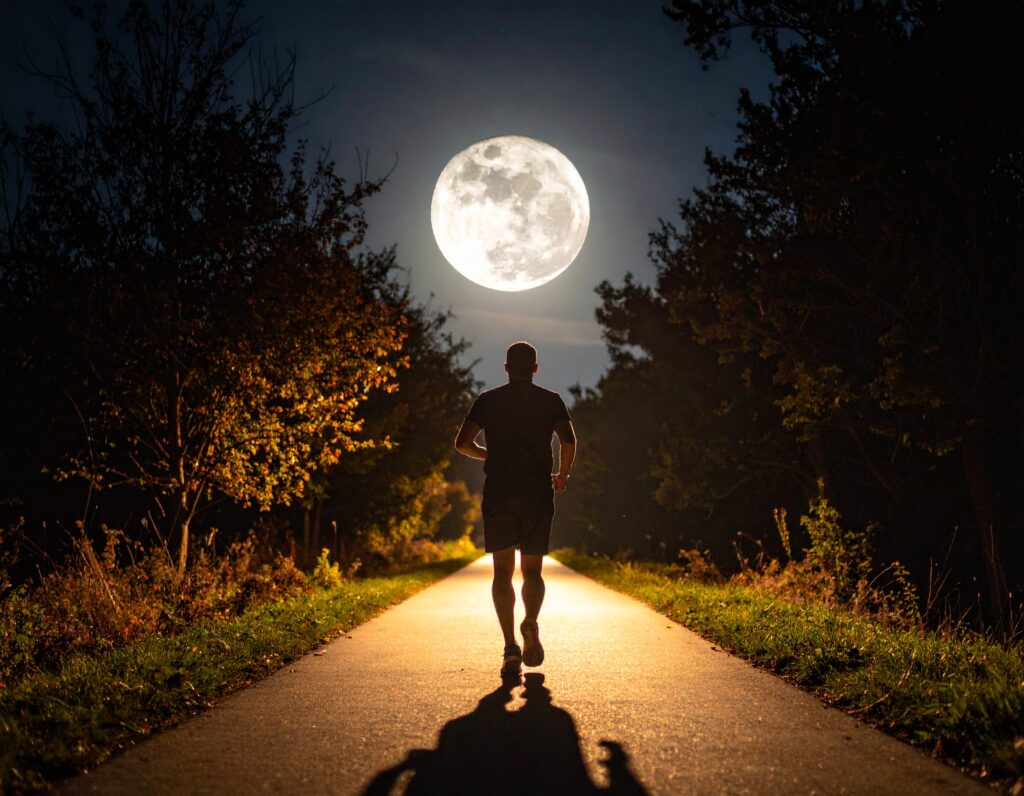 夜のランニングをするランナー。月の光を頼りに進む様子。
