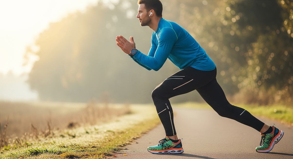 ランニングウェアの特集を感じさせる、目立ったウェアやシューズの強調したイメージ