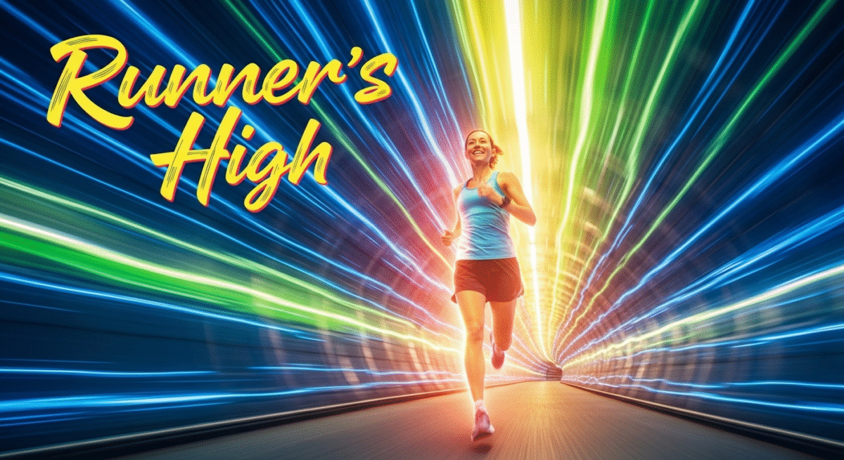 ランナーズハイのイメージ画像。テキストに"Runner's High".疾走感があって楽しんでいる様子。