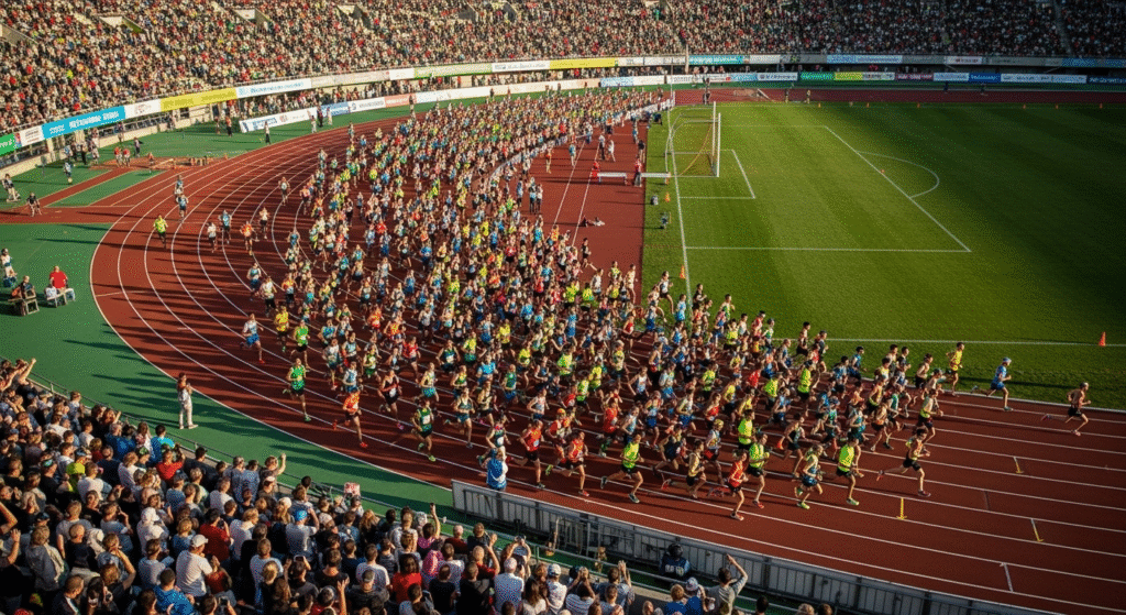 ランニング大会の様子。俯瞰した見方。1000人以上の参加者がわかる。大会の熱狂を感じる。