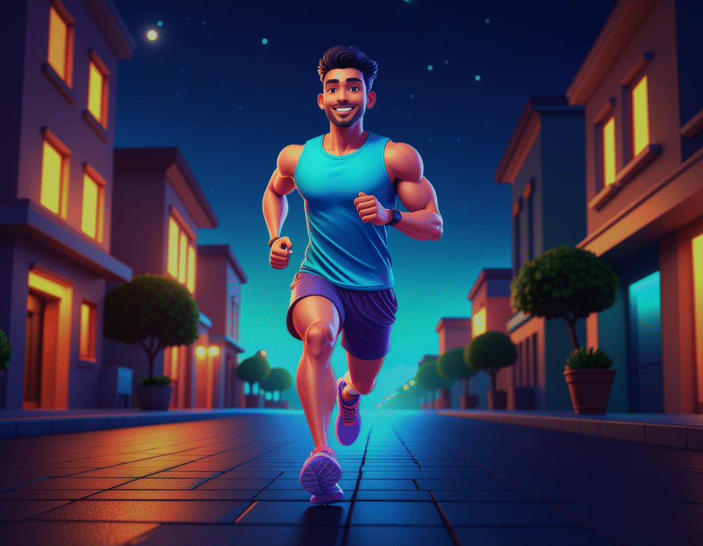 夜のランニングをしている男の人カートゥーンタイプ。