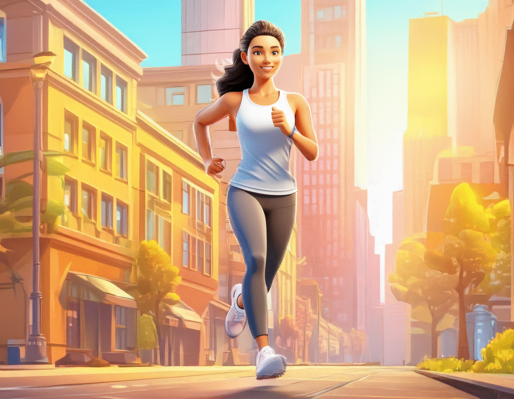 朝のランニングをしている女の人カートゥーンタイプ。