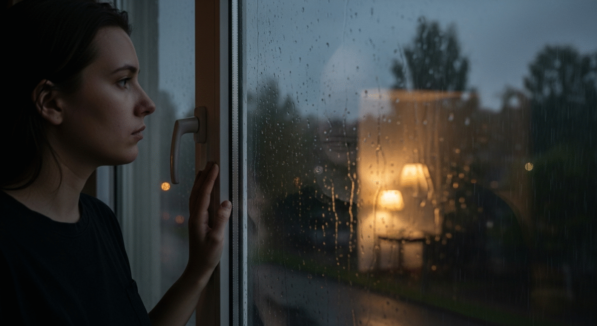 雨の日はランニング休み？のイメージ。雨の天候を部屋の窓からのぞく様子。