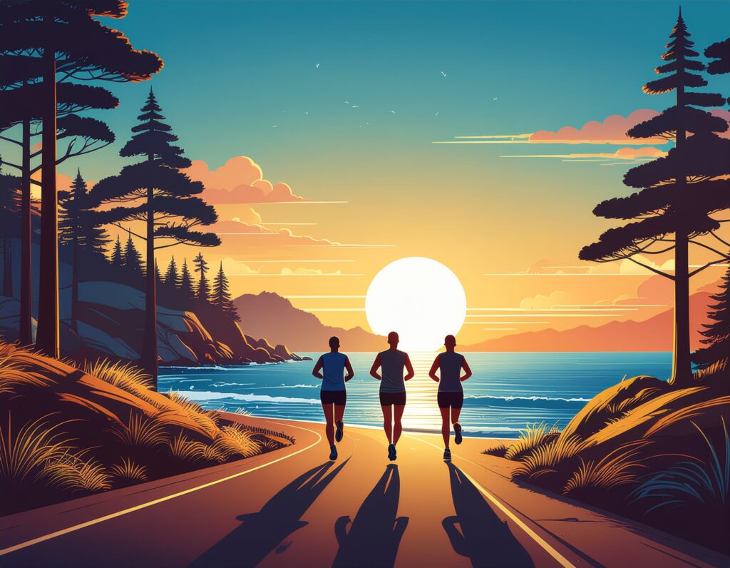 夕焼けの中ランニングをして日中の疲れをリフレッシュするイメージ。