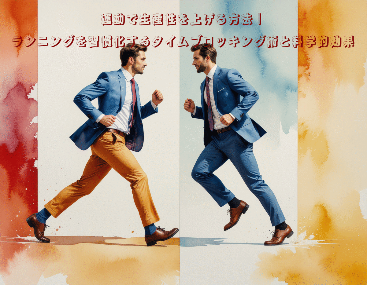 ビジネスとランニングを両立するビジネスマンの抽象的なアートイメージ。