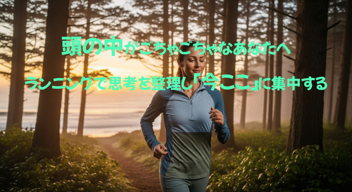 森の中をリフレッシュしながら走る。マインドフルとランニングが相互にいい影響を与えているイメージ。