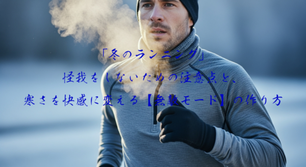 雪の降る寒い冬で白雲を吐きながらもランニングをしているランナーのイメージ。