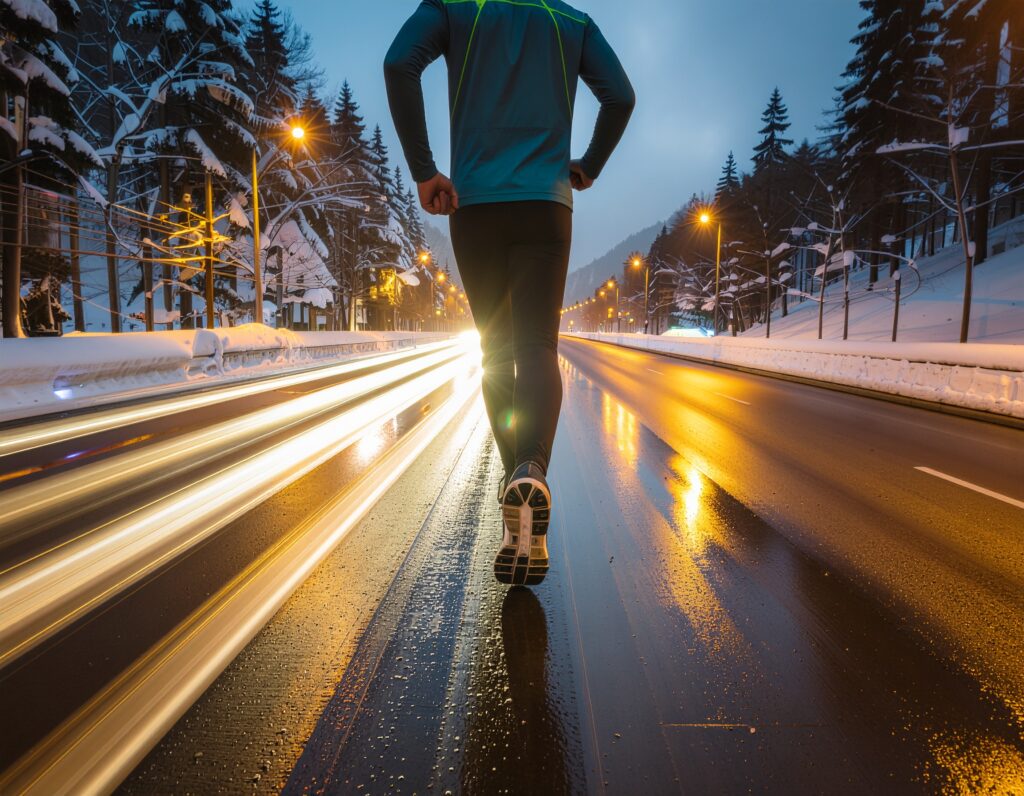 雪が解けて滑りやすい路面を走るランナー。夜であって車のライトが反射している。