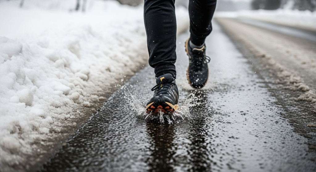 雪が解けて路面が湿っている中で走るランナー。足元のみでも危険性のあるのが伝わる。