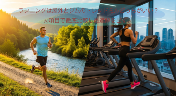 美しい自然の中を走るランナーと、スタイリッシュなジムでトレッドミルを走るランナーの画像を左右に分割して配置した画像