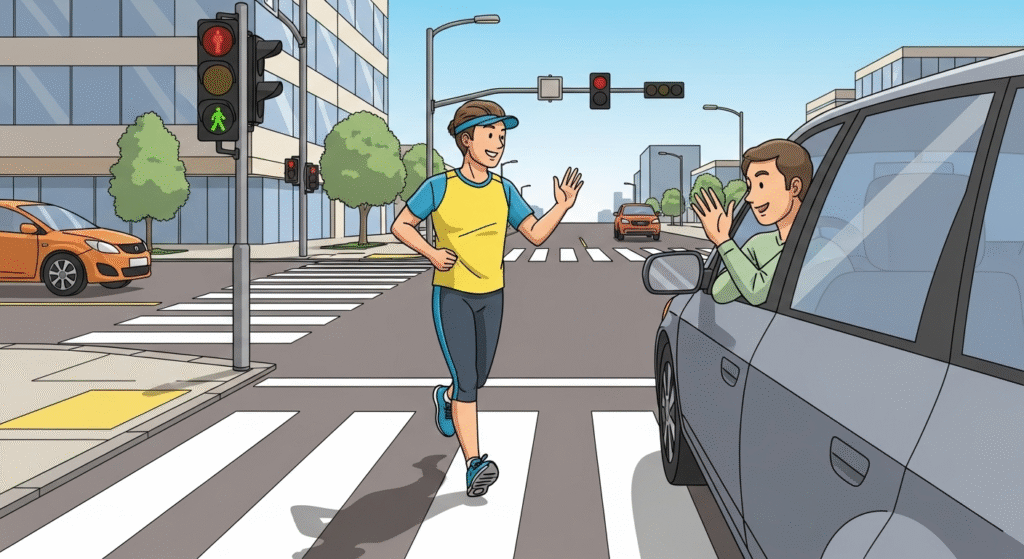 交通事故は未然に防げるをイメージした。ランナーと車の運転車が互いに認識している。