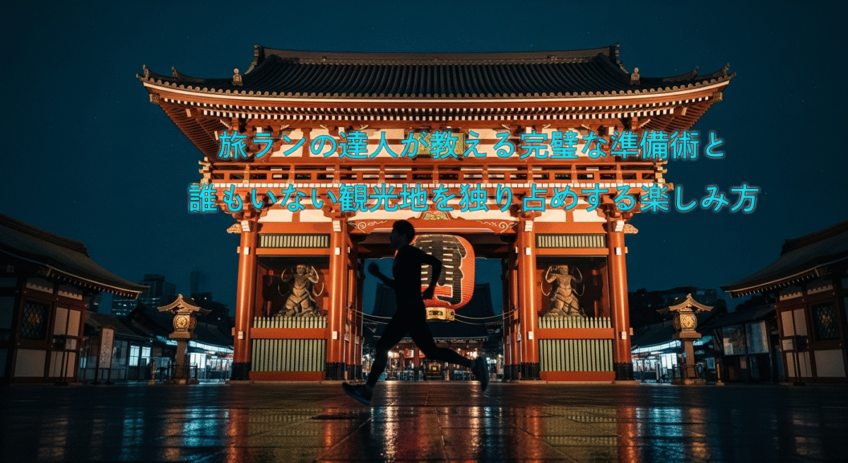 旅行先でのランニング。東京浅草寺をバックにしたランナーのイメージ