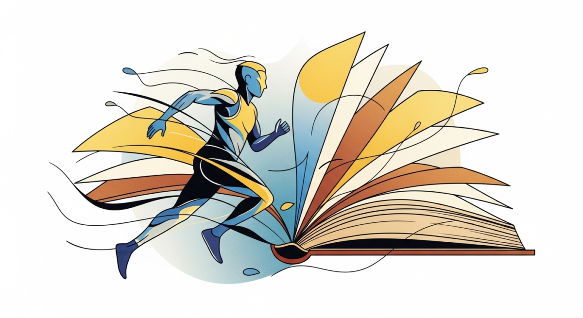 本とランニングが関連し直結する抽象的なイメージのイラスト。