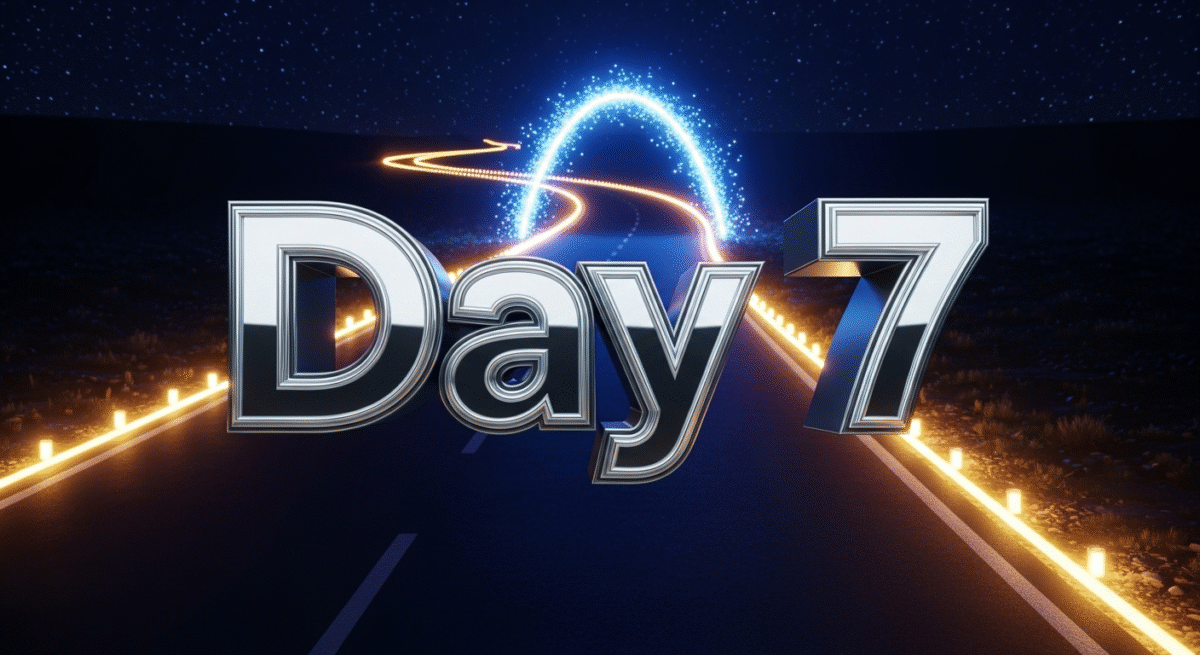 かっこいい立体的な"Day 7"の文字が中央に配置してある。ギラギラ煌めく夜の長く続くランニングロードとゴールのようなアーチ状のアーティスティックなポイントが少し先にある背景のイメージ。