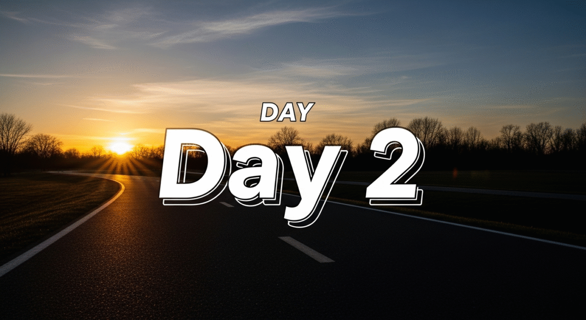 Day2の文字と夕日の道の背景画像。