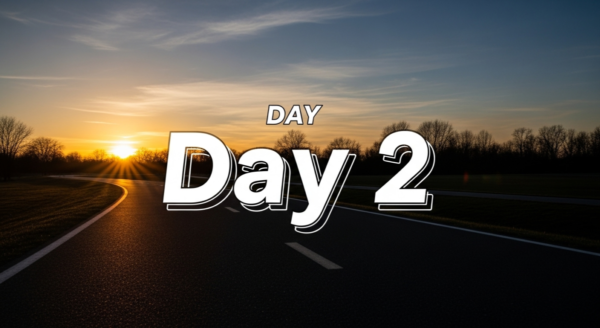 Day2の文字と夕日の道の背景画像。