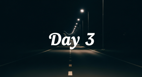 中央に配置されたDay3の文字と夜の長く続く道が電灯の明かりによってうすっら見える。