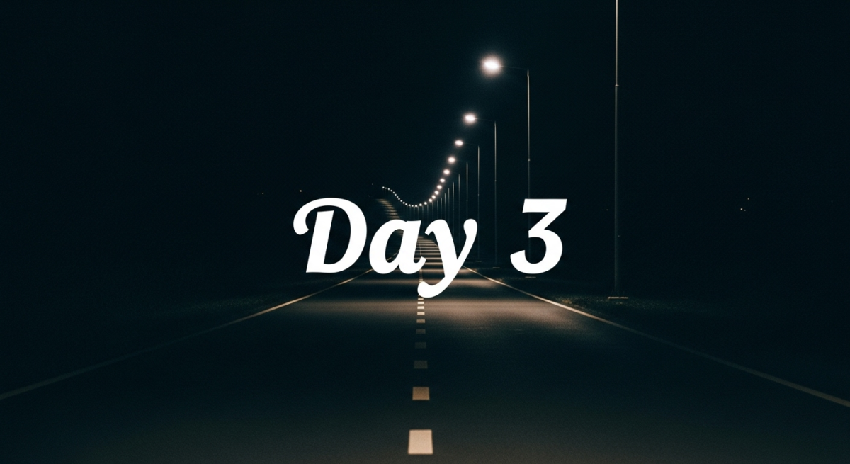 中央に配置されたDay3の文字と夜の長く続く道が電灯の明かりによってうすっら見える。