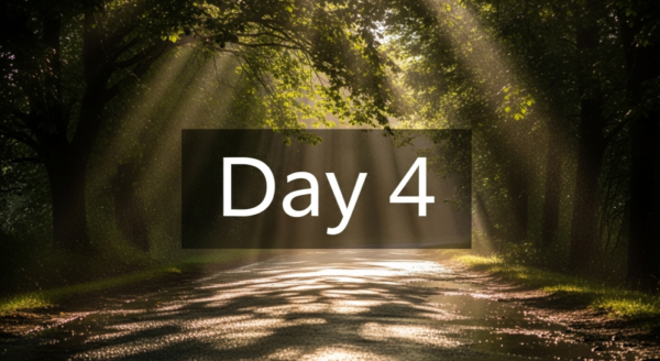 中央に配置されたDay4の文字と朝の雨上がりの木漏れ日がランニングロードに射す背景画像。