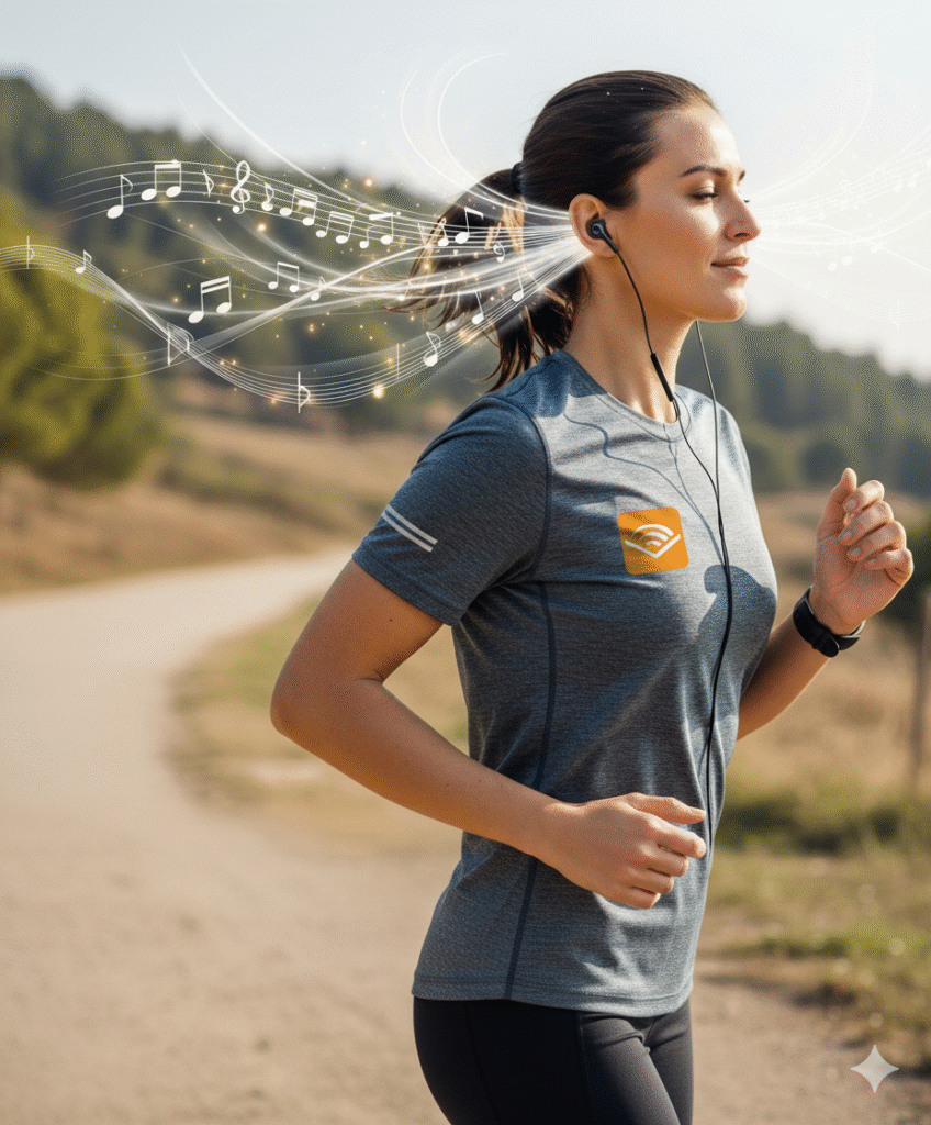 Audibleのロゴマークの付いたランナーがイヤホンをしながらAudibleを聞きながら気持ちよさそうに走っている様子。