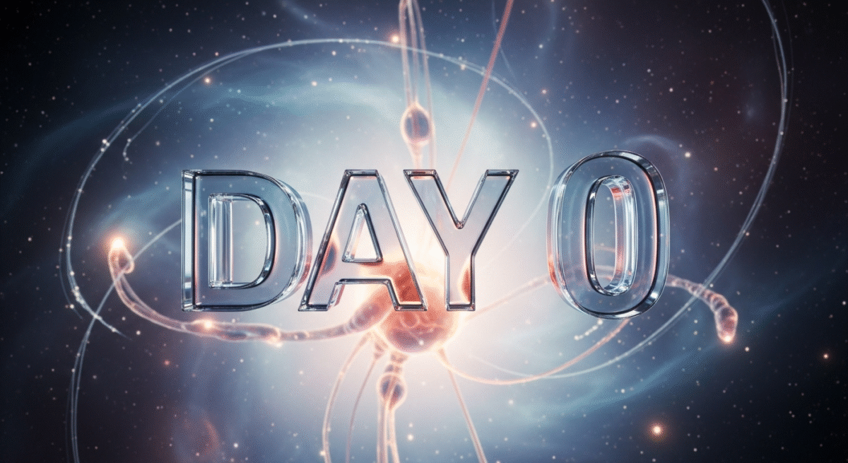 かっこいい立体的でliquid glassのような透明感のある"Day０"の文字が中央に配置してある。Born realのような何かが生まれる前の軌跡の瞬間の背景のイメージ。