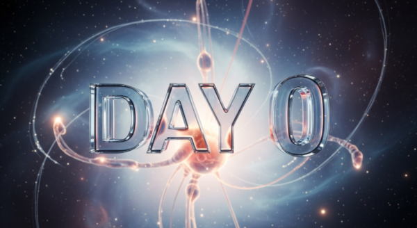 かっこいい立体的でliquid glassのような透明感のある"Day０"の文字が中央に配置してある。Born realのような何かが生まれる前の軌跡の瞬間の背景のイメージ。