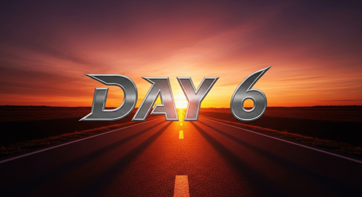 かっこいい"Day 6"の文字が中央に配置してある。夕方の赤い夕焼けが長いランニングの道に射している背景のイメージ。