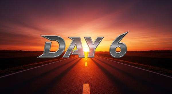 かっこいい"Day 6"の文字が中央に配置してある。夕方の赤い夕焼けが長いランニングの道に射している背景のイメージ。