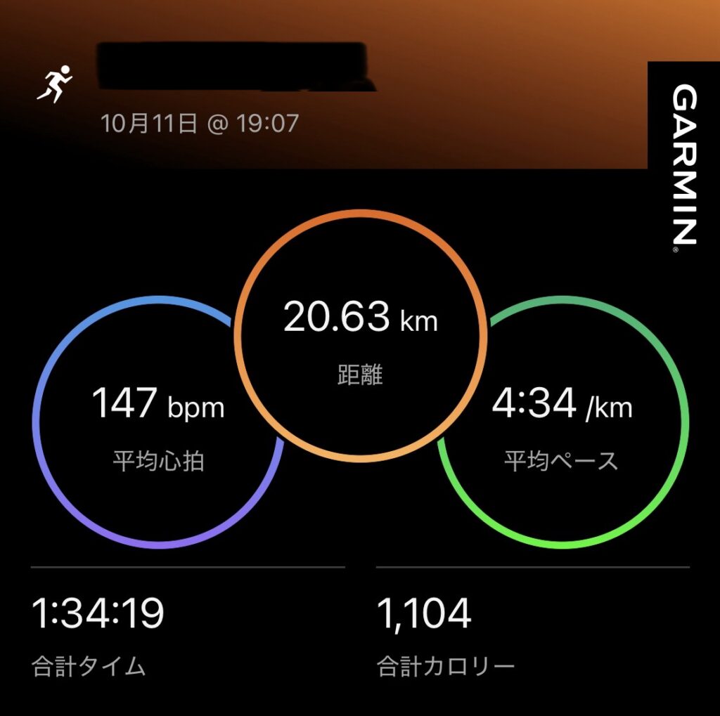 Garminの記録：10/11、20kmの距離、平均心拍数、平均ペース、総合タイム、カロリー数が記載されている。