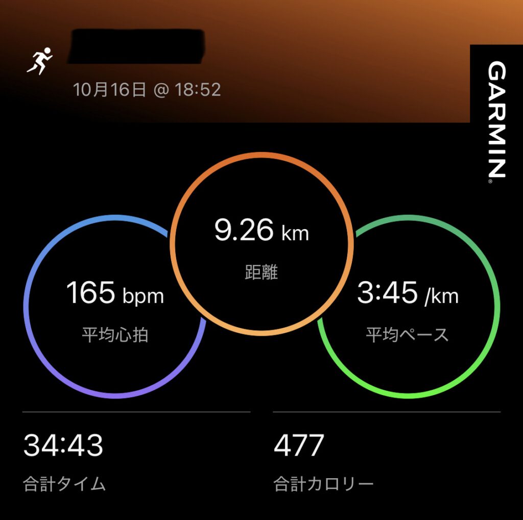 Garminランニング記録。：10/16、9kmの距離、平均心拍数、平均ペース、総合タイム、カロリー数が記載されている。