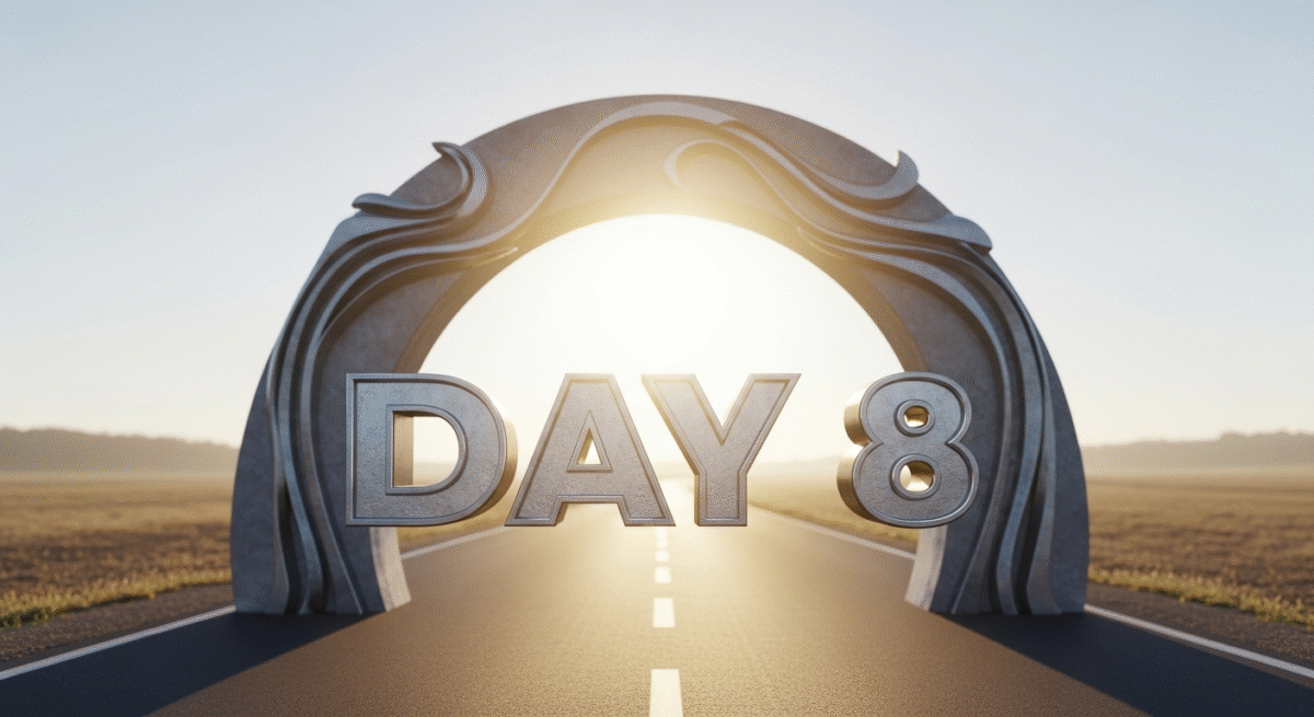 かっこいい立体的な"Day 8"の文字が中央に配置してある。朝の早朝の清々しく光りが眩い長く続くランニングロードとゴールのようなアーチ状のアーティスティックなポイントがほぼ目の前にある背景のイメージ。