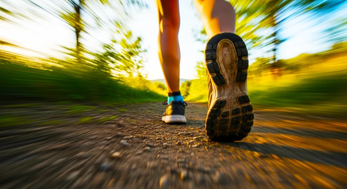 走っている自分の足元（同じリズムで動いている様子）や、少しブレた（あるいは幻想的な）風景の写真