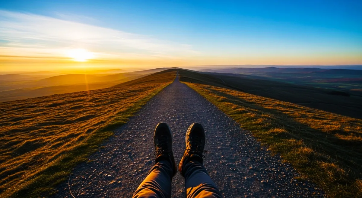 前方をまっすぐ見つめる筆者の視線（POV）の写真、あるいは遠くの地平線やゴール地点の写真。「未来」や「答え」を象徴する。