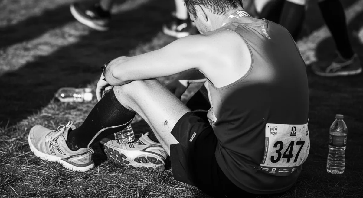 思ったレースができずにレース後に疲れ果てている（あるいは少し悔しそうな）ランナーの足元や後ろ姿の写真。