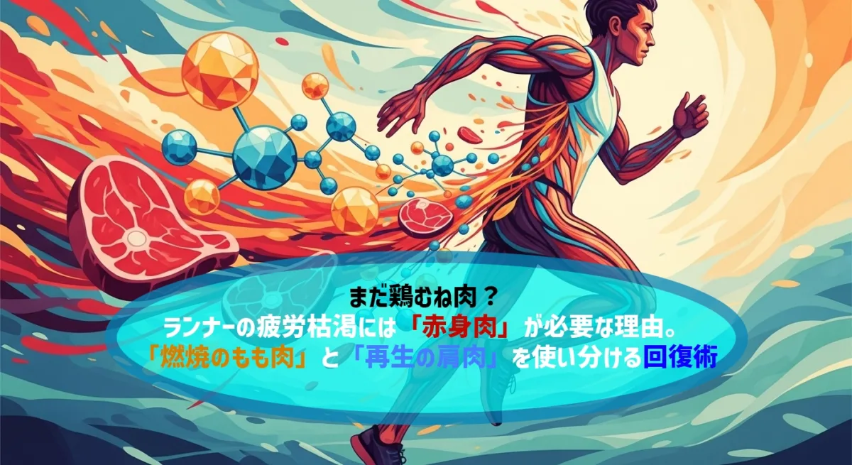ランナーの回復を促すアミノ酸と赤身肉のイメージ。アート調。ランナーの体にアミノ酸と赤身肉が取り入れられて回復している様子。