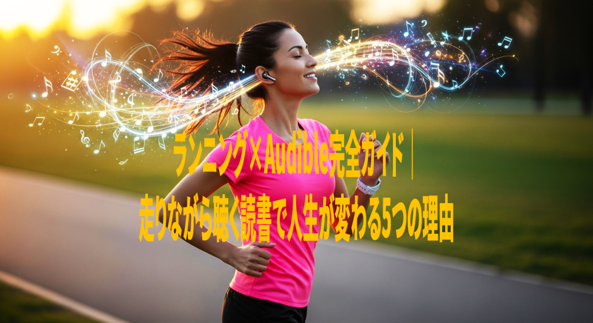 ランナーがワイヤレスイヤホンをしながらAudibleを聞きながら気持ちよさそうに走っている様子。