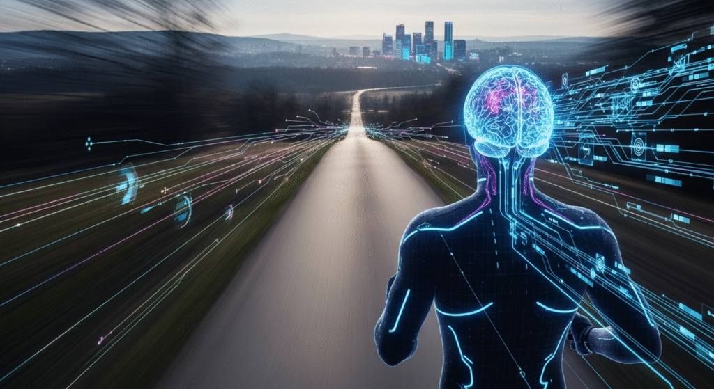 ランニングをすることで時間がゆっくりと感じられているイメージを抽象的に表現。 脳の心理的感覚によって実際には時間は変わらないが体感としてはゆっくりに感じる。