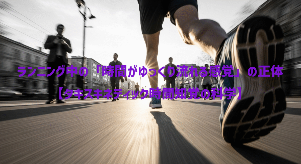 ランニングをすることで時間がゆっくりと感じられているイメージを表現。自身は早く動いているが周りの歩行者は止まっているように感じる。 脳の心理的感覚によって実際には時間は変わらないが体感としてはゆっくりに感じる。