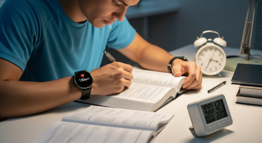 全力で学習する机に向かって本を読むランナーのイメージ。タイマーで時間を制限しウェアラブル時計には"130bpm"と表示され全力さが伝わる。