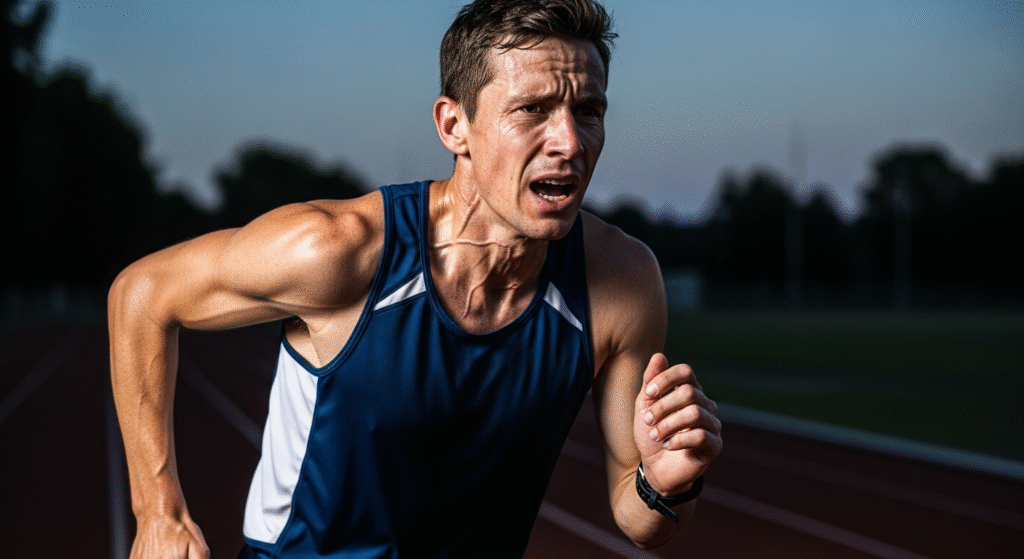 全力で走っているランナーの苦しい表情のフォトリアル写真。血管が浮き出ている。