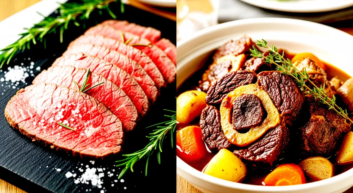 「牛もも肉のローストビーフ（赤身が鮮やか）」と「牛肩肉の煮込み（コラーゲンがプルプル）」の対比写真。おいしそうな食欲をそそるリアルな写真。