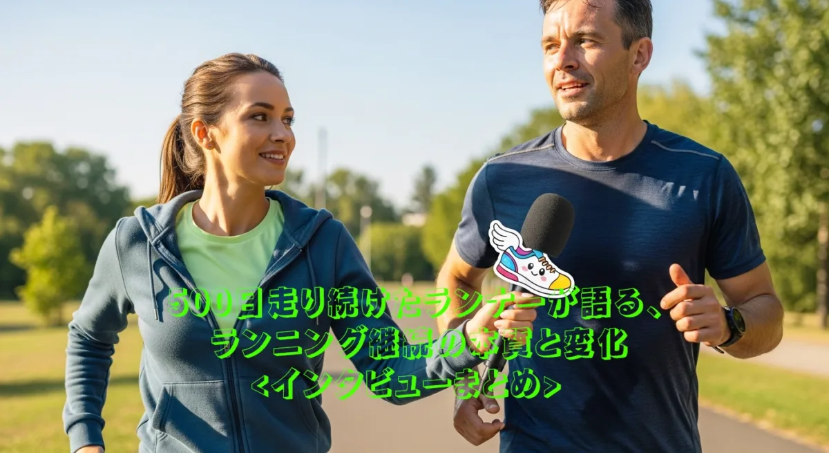 ランナーにインタビューしている様子のイメージ。ある晴れた日のランニング日和。