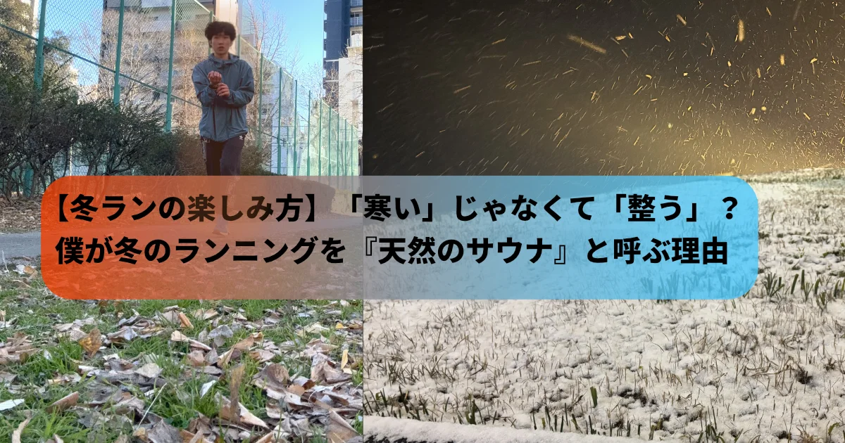 筆者(tomoya)側は冬にも関わらず温かさを感じる様子。対照的に右側は雪が降る寒さが伝わる様子。暖と冬のすぷっりと画像。サムネイル。